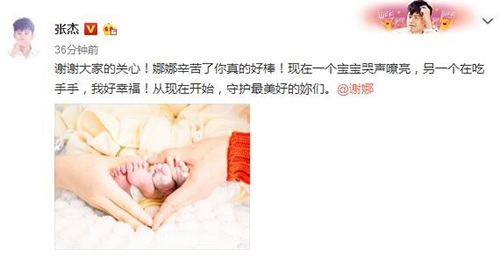 謝娜產(chǎn)下雙胞胎 張杰升級當爸爸